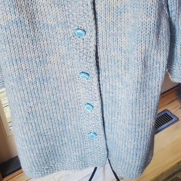 Vintage Handmade Pure Wool Blue Lined Heavy Knit Button-Down Sz. XL Coat - Picture 8 of 12